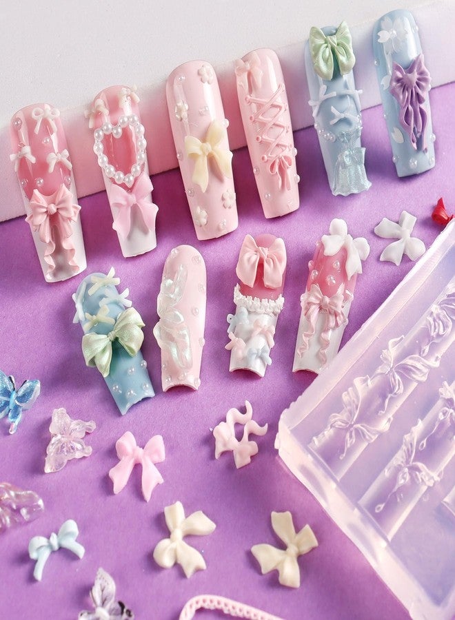 Laza 4pcs Bowknot Silicone Nail Art Molds, 3D Multiple Shapes Ribbon Lace Bows Charms Silicone Nail Accessories with Carving Pen Resin Nail Art Mold Manicure Tools for Women DIY Manicure Design - Image 2